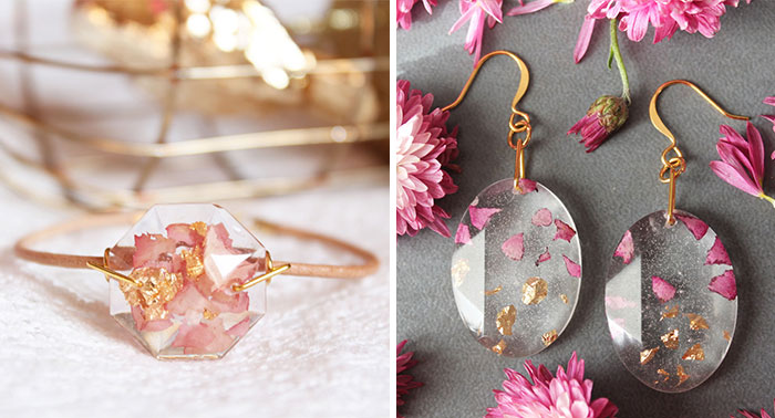 Real Flower Petals And Gold Flakes In Resin Jewelry By Lyuda
