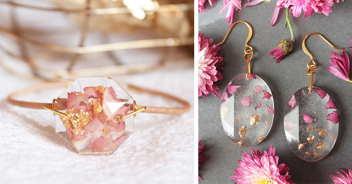 Real Flower Petals And Gold Flakes In Resin Jewelry By Lyuda