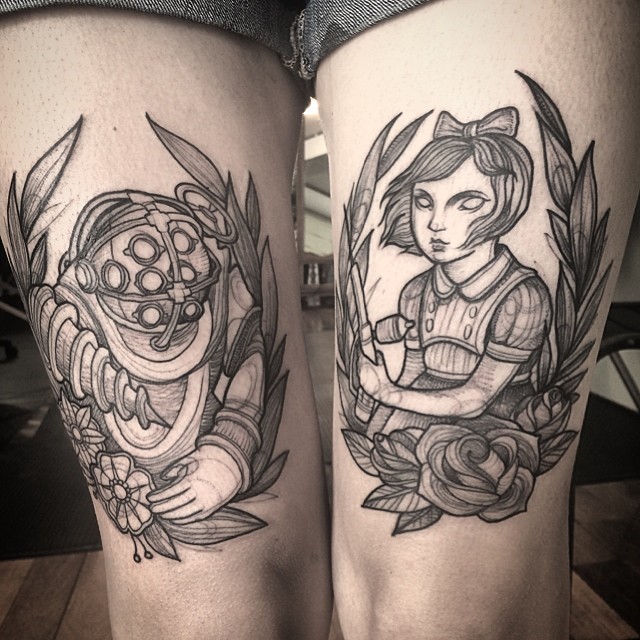 Sketch tattoos resembling pencil drawings on legs by Nomi Chi, featuring detailed characters and floral elements.