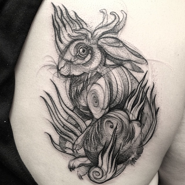 Sketch tattoo resembling a pencil drawing of a whimsical rabbit by Nomi Chi.