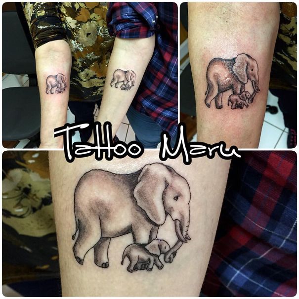 Elephant mother-daughter tattoos symbolizing an unbreakable bond on forearms.