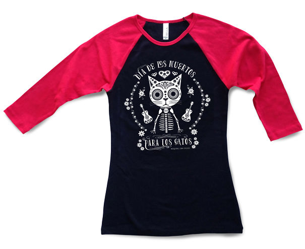 Day Of The Dead Cat Raglan Sleeve Tee Shirt