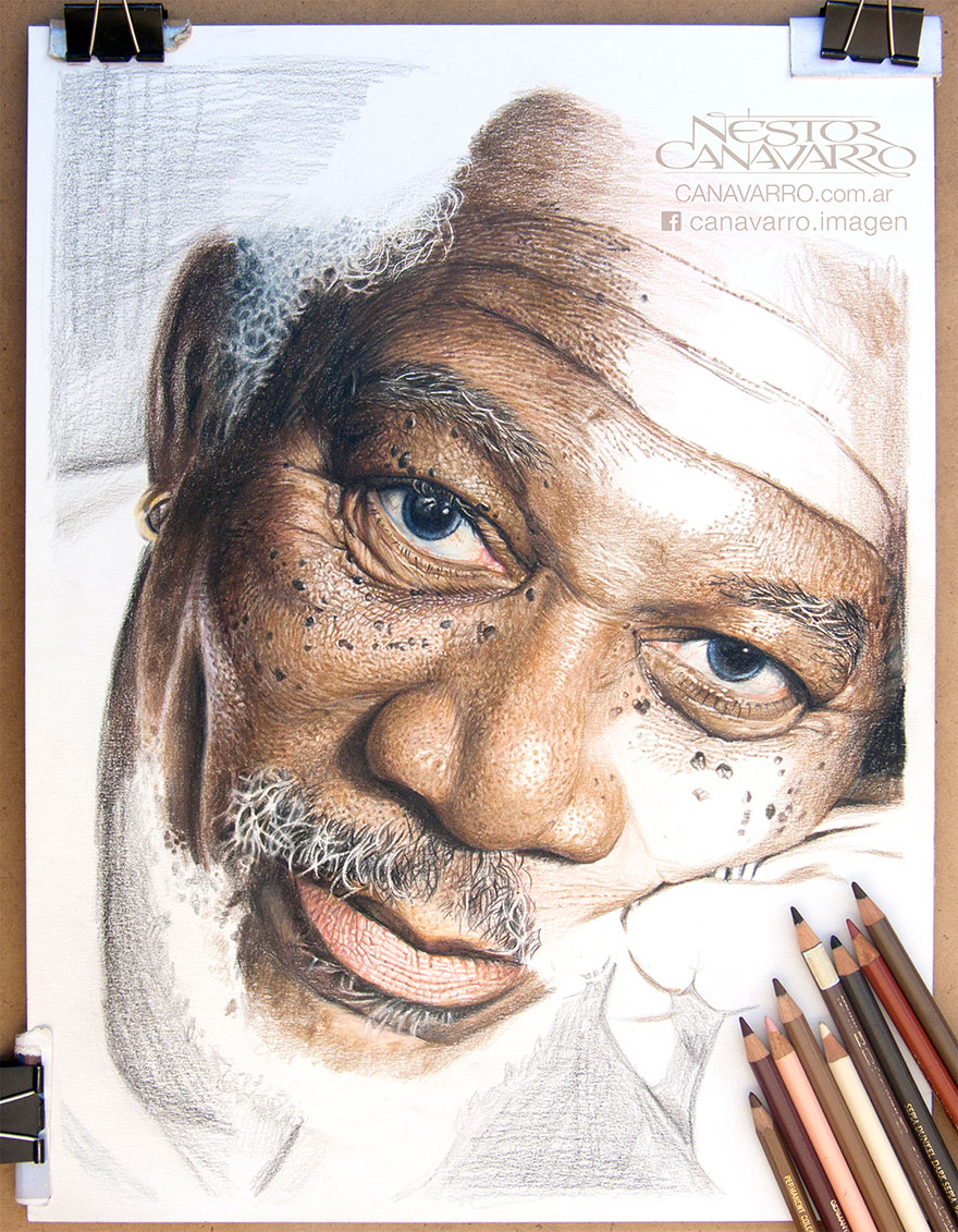 My 50-Hour High-Detail Drawing Of Morgan Freeman In Color Pencils
