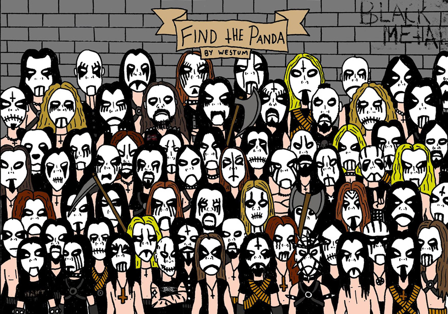 Illustration of a large group in black-and-white makeup with the challenge to find a hidden panda.