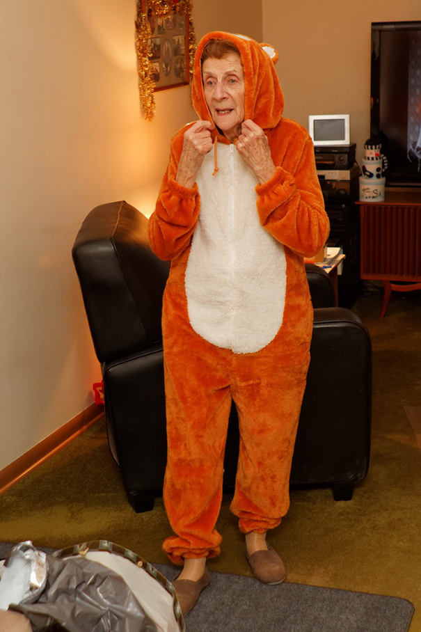 Here Is A Photo Of My Grandma Wearing A Teddy Bear Onesie