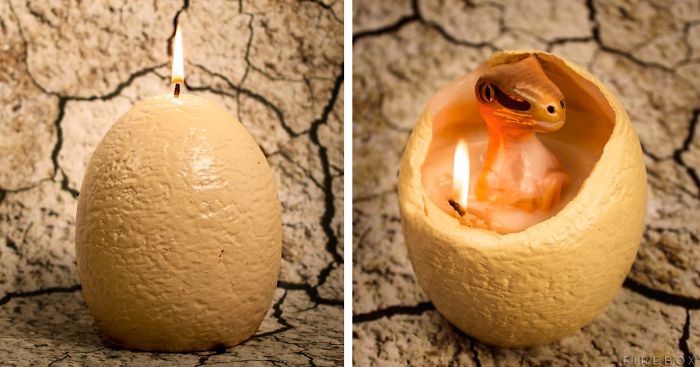 Dinosaur Egg Candle That “Hatches” A Baby Raptor When It Melts
