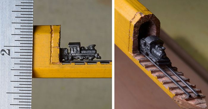 I Found A Carpenter Pencil In The Shop And Carved It Into A Train On Rails