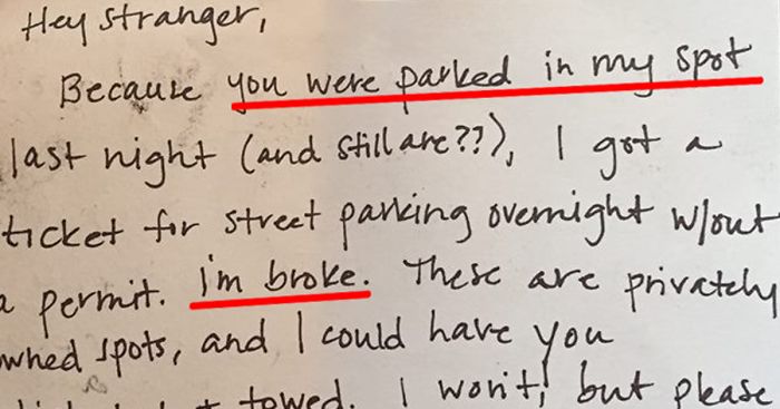 This Woman Left A Note After Someone Stole Her Parking Space. The Response Was Unexpected