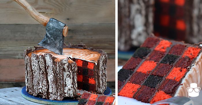 A Lumberjack Cake With An Edible Axe And A Plaid Pattern Inside