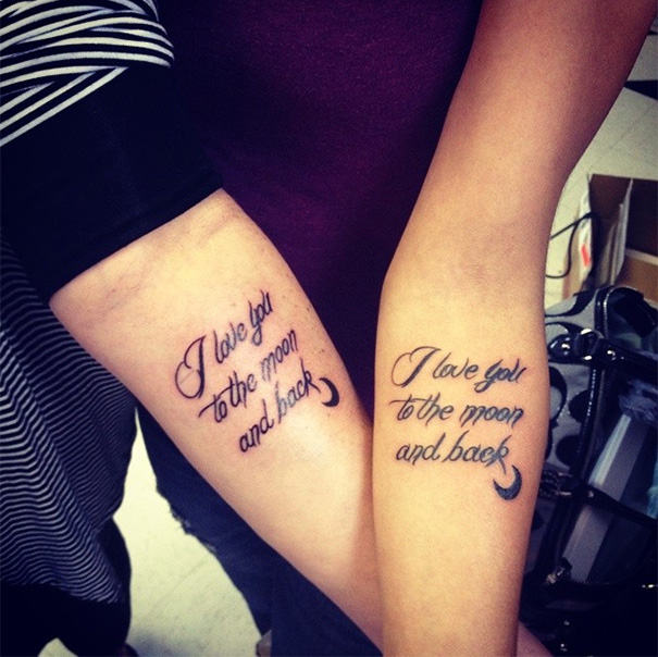 Mother-daughter tattoos with matching script "I love you to the moon and back," showing unbreakable bond.