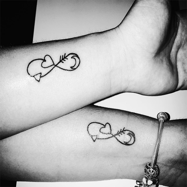 Mother-daughter matching tattoos on forearms with heart designs symbolizing unbreakable bond.