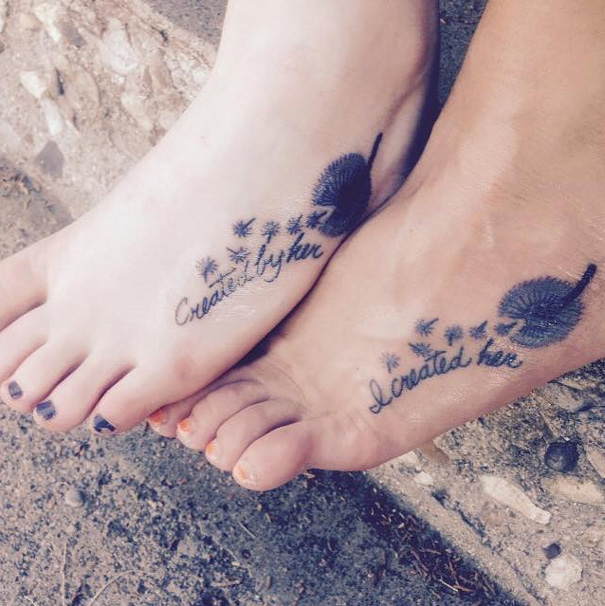 Mother-daughter tattoos on feet featuring dandelions and meaningful phrases showing an unbreakable bond.