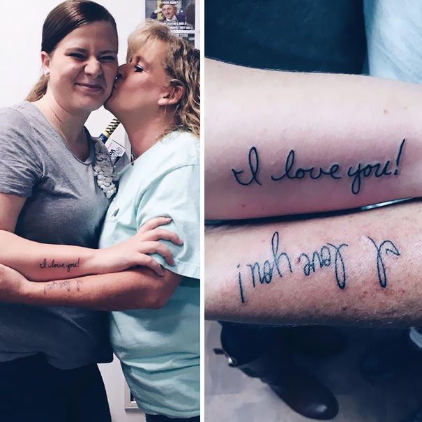Mother and daughter with matching "I love you" tattoos, symbolizing their unbreakable bond.