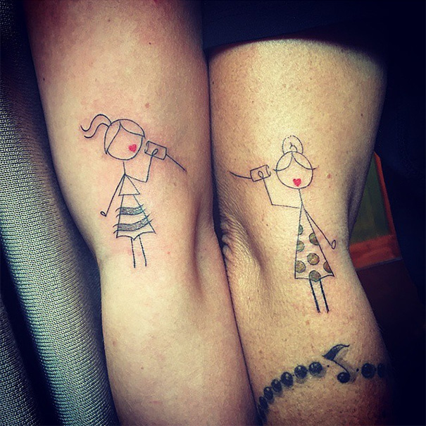 Mother-daughter tattoos of two stick figure girls with phones, symbolizing a strong bond.