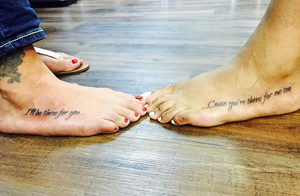 Mother-daughter tattoos on feet symbolizing their unbreakable bond.
