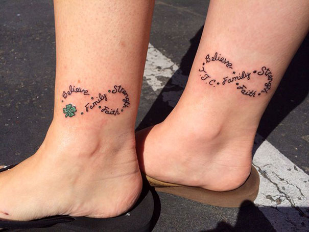 Matching mother-daughter tattoos featuring infinity symbols with words: Believe, Family, Strength, Faith.