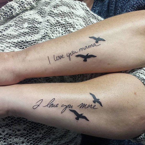 Mother-daughter tattoos on forearms with matching birds and affectionate text.