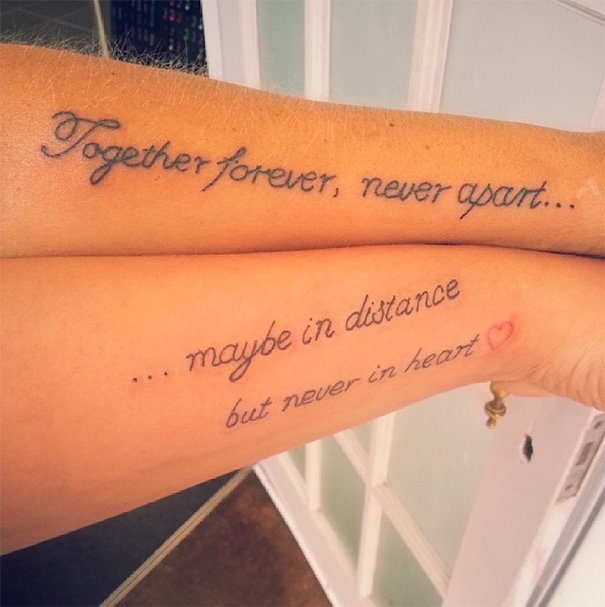 Mother-daughter tattoos with heartfelt quotes, symbolizing their unbreakable bond.