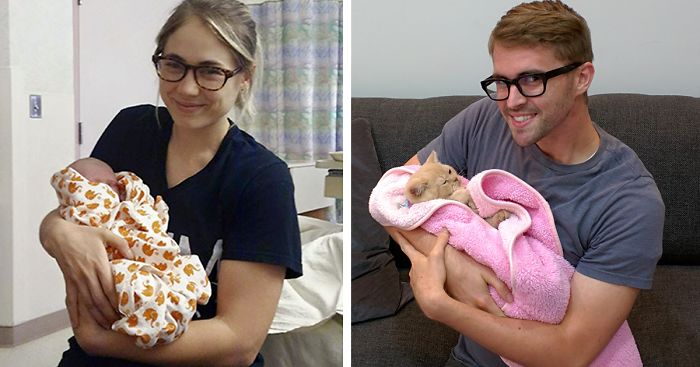 Single Guy Recreates His Twin Sister’s Baby Photos Using A Cat (7 Pics)
