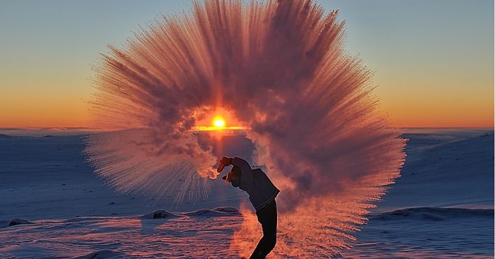 Pouring Hot Tea At -40C Near The Arctic Circle During Sunset