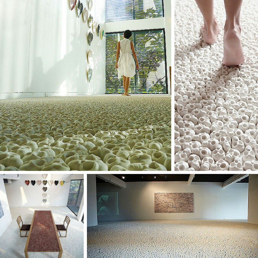 The Skull Carpet - Artist Nino Sarabutra Filled The Floor Of Ardel Gallery In Bangkok With 100k Miniature Porcelain Skulls