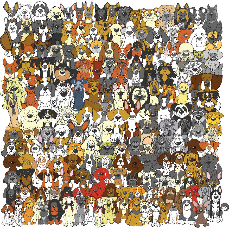 Dogs illustration with hidden panda puzzle, colorful cartoon animals filling the image for a fun search challenge.