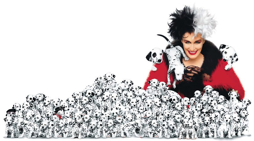 A woman with puppies surrounded by dalmatians, featuring a hidden panda puzzle.