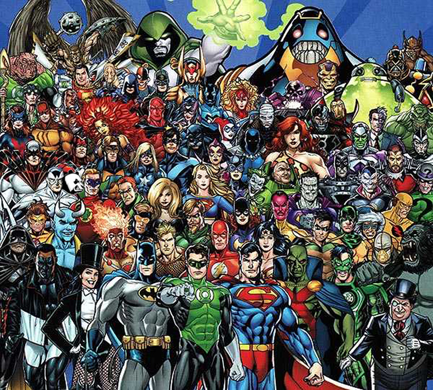 A crowded scene with superheroes and villains; try to find the panda amidst colorful chaos in this puzzle.