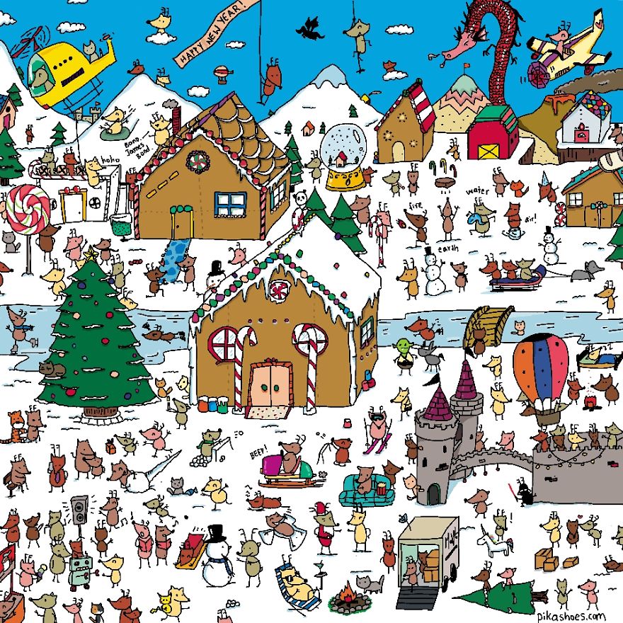 Crowded festive scene with animals and characters, showcasing a fun "Find The Panda" puzzle challenge.
