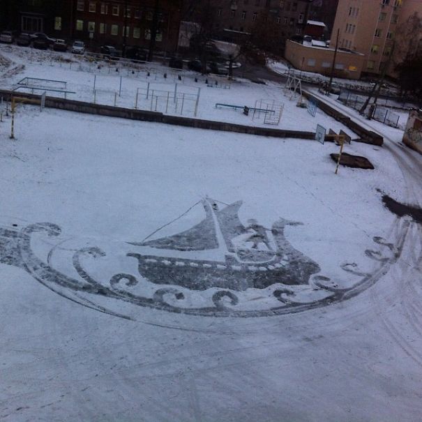 School Janitor Makes Snow Drawings With His Shovel To Bring Joy To Children