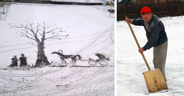 School Janitor Makes Snow Drawings With His Shovel To Bring Joy To Children
