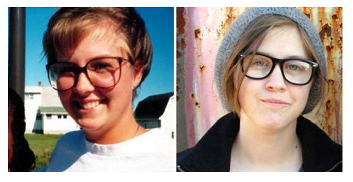 Side-by-side photos of a mother and daughter wearing glasses, showing striking similarities proving kids copy parents.