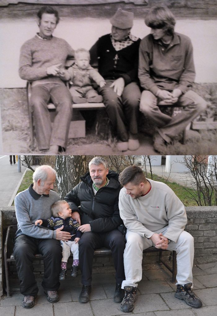 Four generations of family shown on a bench in two photos, highlighting kids as copy-paste versions of their parents.