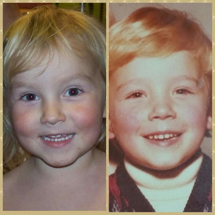 Side-by-side photos of a child and parent showing striking resemblance, proving kids are copy-paste versions of parents.