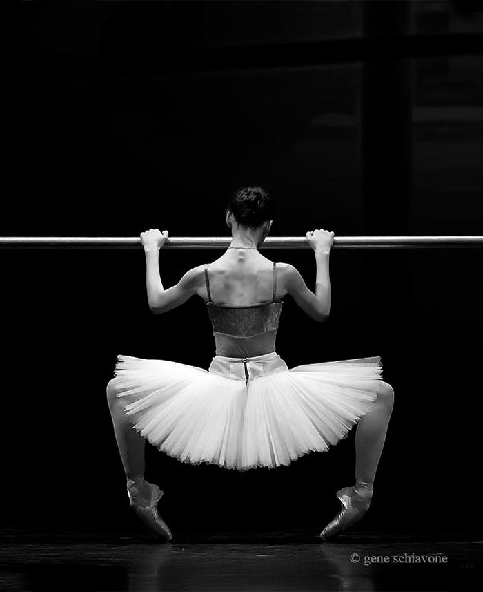 Ballet dancer in tutu on pointe at barre, performing for Ballet Day celebration.