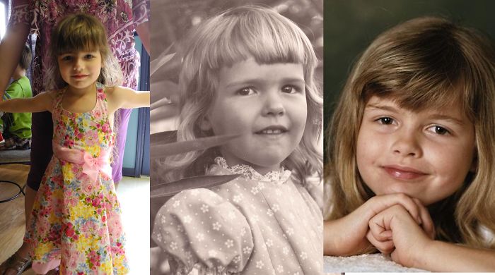 Three young girls in floral and patterned dresses highlighting kids as copy-paste versions of their parents with similar hairstyles and expressions.