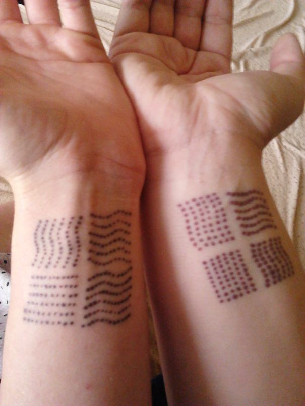 Matching geometric sister tattoos on wrists showing a special bond.