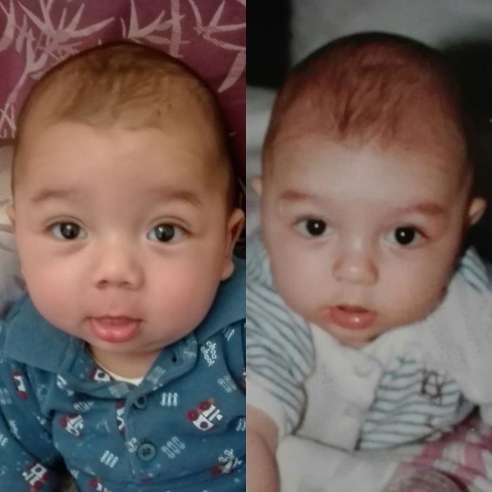 Side-by-side photos of babies highlighting how kids are copy-paste versions of their parents through matching facial features.