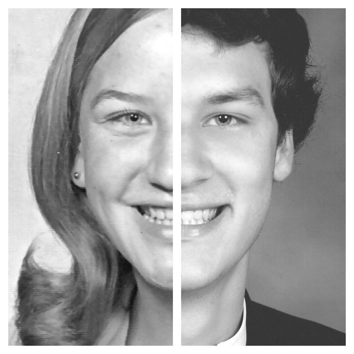 Black and white side-by-side portrait of a mother and son showing striking similarities in facial features and smiles.
