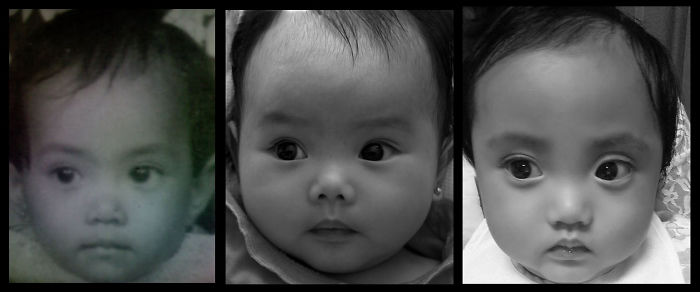 Side-by-side black and white photos showing striking resemblance between babies and their parents, illustrating kids copy-paste version.