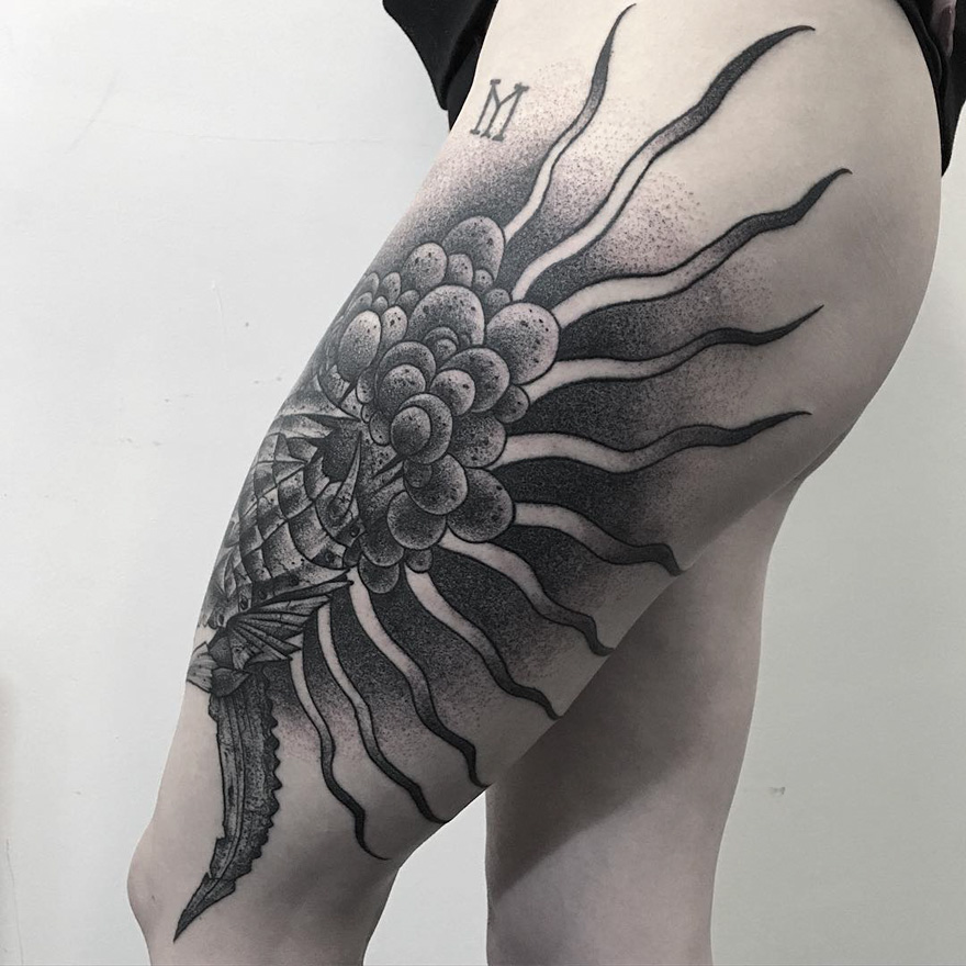 Eerie creature tattoo on thigh by Russian artist, featuring intricate dot and line design.