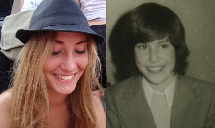 Side-by-side photos of a mother and daughter smiling, highlighting strong resemblance and family copy-paste traits.