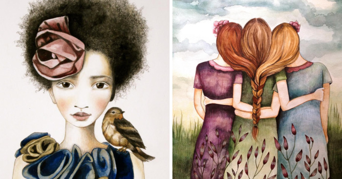 Watercolor And Crayon Paintings Of Beautiful Women