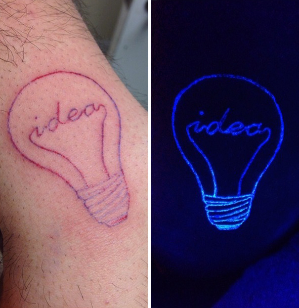 Glow in the dark tattoo of a light bulb with the word "idea," visible under black light.