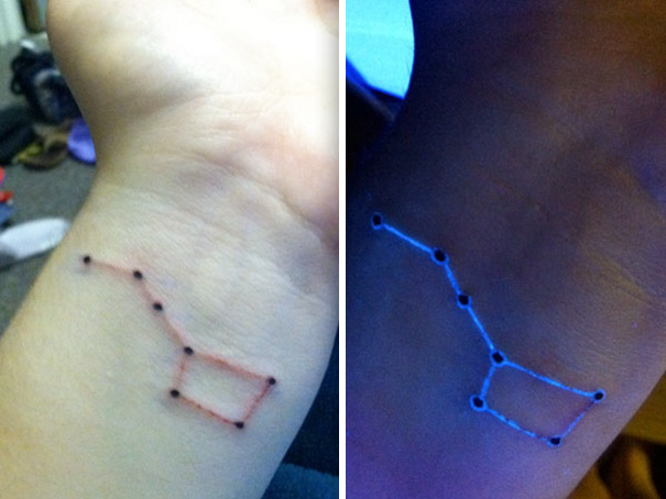 Glow in the dark tattoos on a wrist, visible under black light.