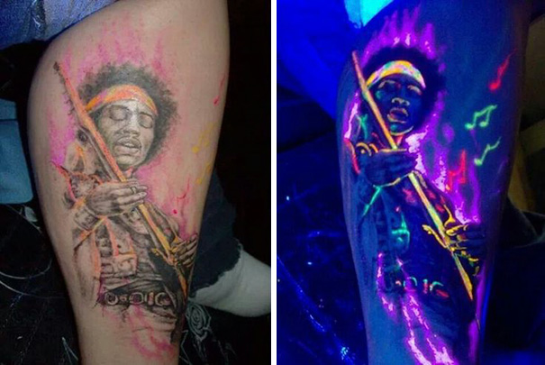 Glow in the dark tattoo of a musician visible under black light, with vibrant colors illuminating the design.