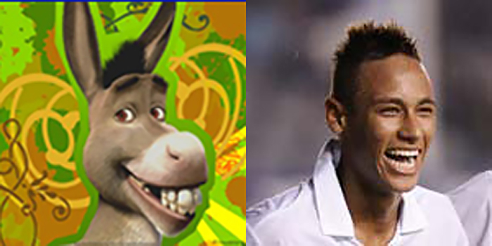 Split image showing a celebrity doppelganger animal next to a smiling young man in a white shirt on the right.