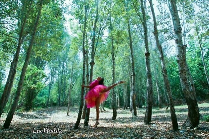 Ballet dancer in a vibrant pink dress performing in a serene forest, embodying the cost of applause.