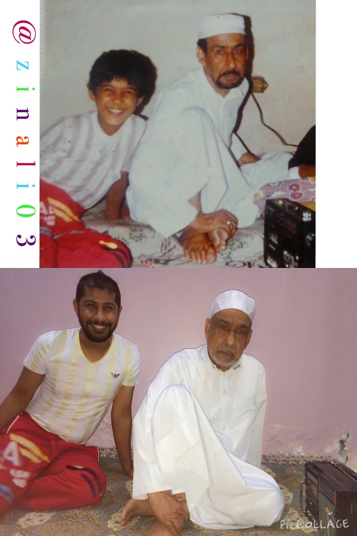 Father and son in similar poses and outfits, highlighting kids as copy-paste versions of their parents.