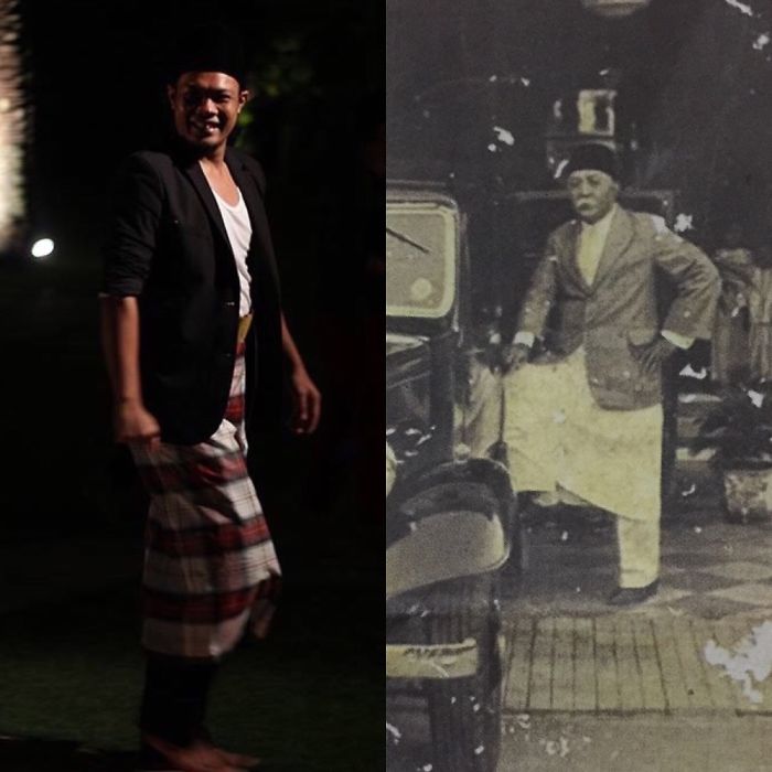 Young man and older man wearing similar traditional outfits, illustrating kids as copy-paste versions of their parents.